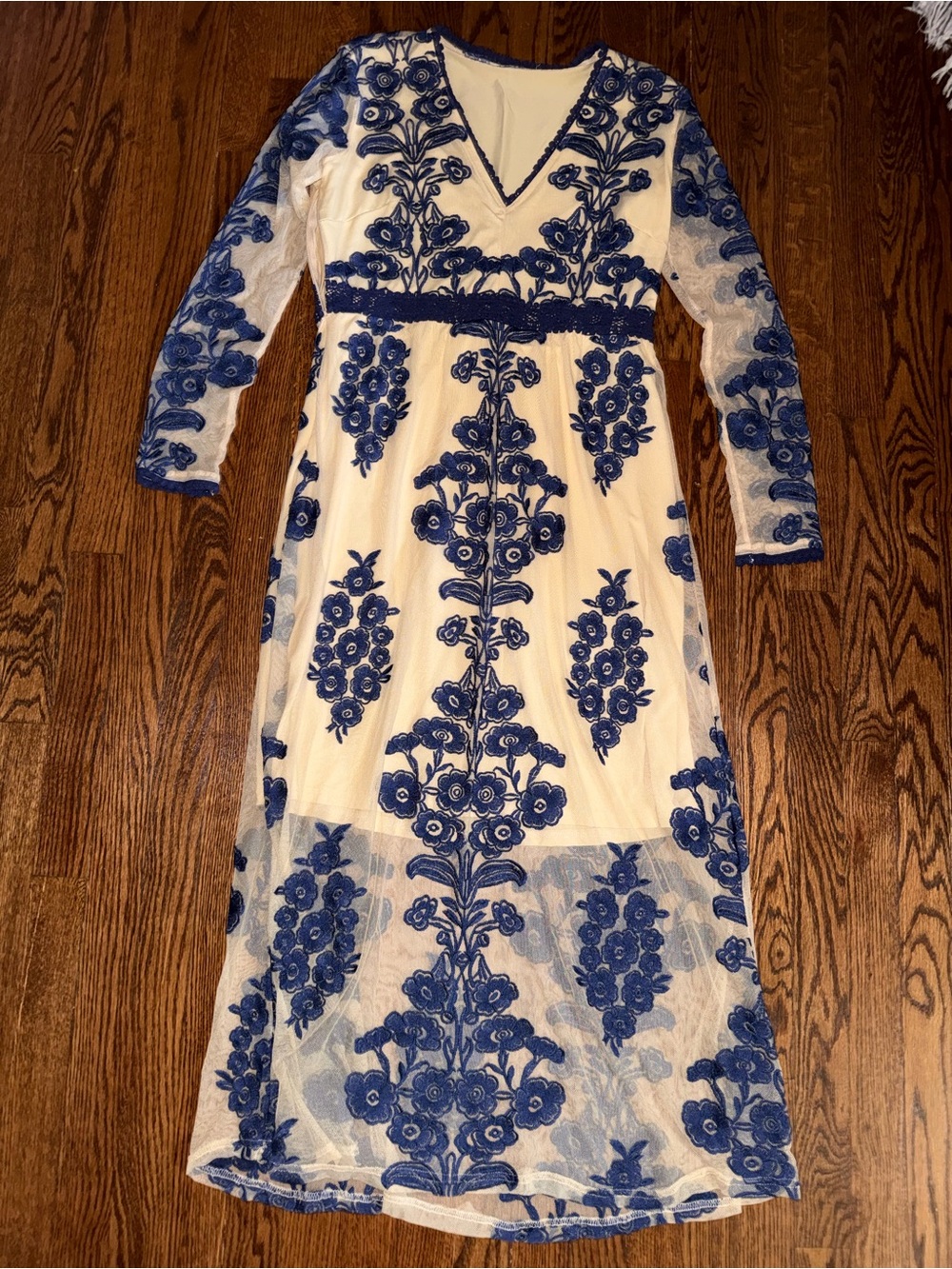 Chicwish Ivory Maxi Dress with Blue Floral Embroidery